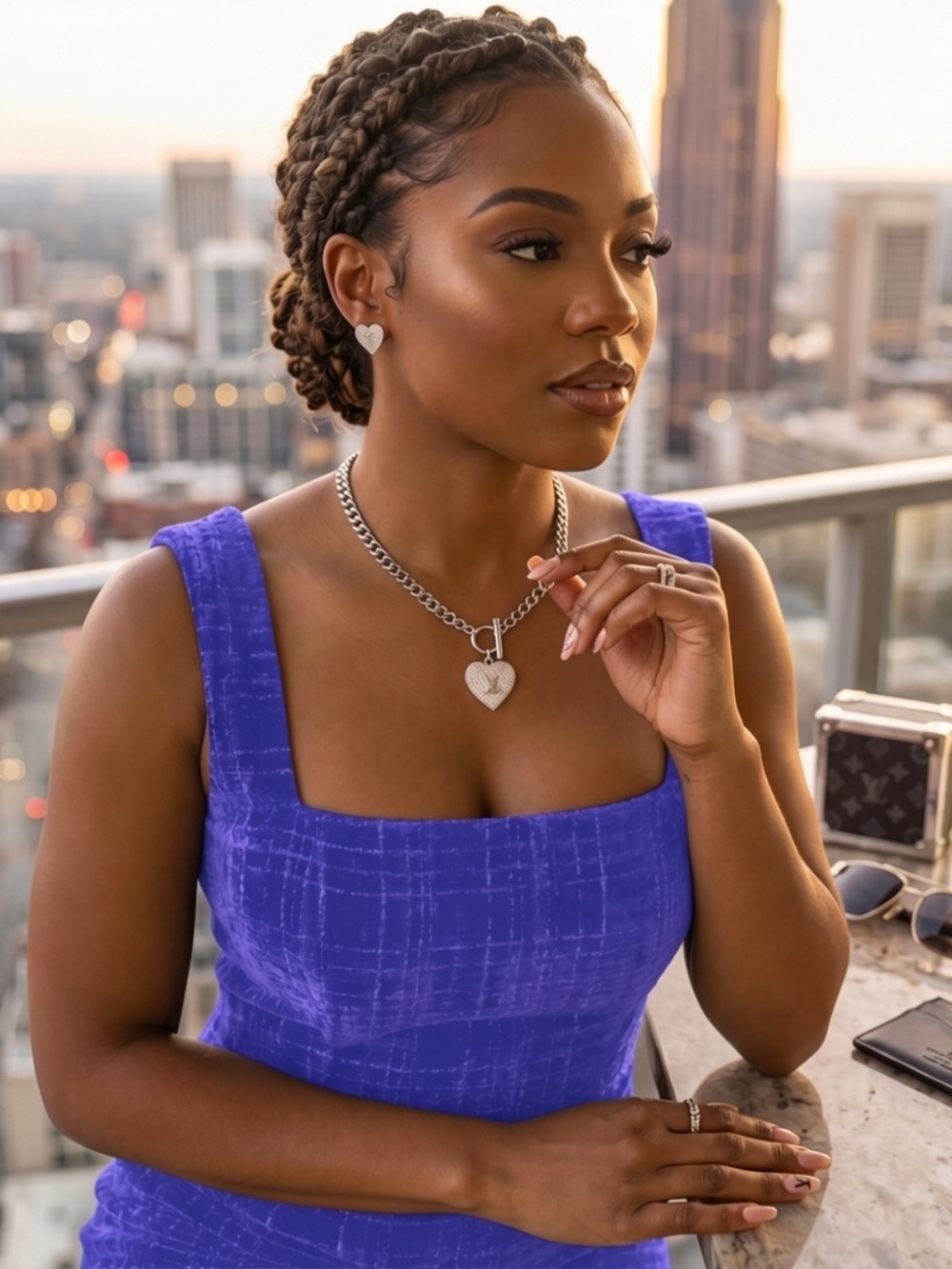 Silver Heart Pendant Curb Chain Necklace set with bracelet& earrings.